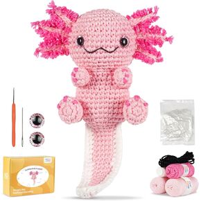 MOREJMTT Crochet Kit for Beginners, Learn to Crochet, Include Easy Knitting Soft Yarn, Step-by-Step Video Tutorial, Hook, Holiday Birthday Gift for Adults and Kids(Happy Axolotl)