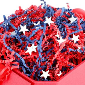 Pasimy 2 LB Patriotic Grass Basket Filler Red Blue Crinkle Cut with Star Confetti Paper Shredded Paper Patriotic Gift Box Stuffing Filler for 4th of July Independence Day Memorial Party Veterans Day