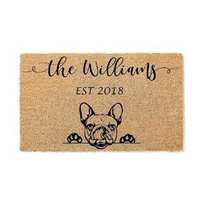 French Bulldog Coconut Coir Personalized Doormat, Frenchie Custom Welcome Mat, Housewarming Gift, Last Name Door Mat, Closing Gift, Dog Lover Entryway Rug 1172