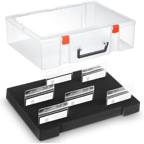 Chunful 1 Pc Name Tag Holder with Case, Foam Name Badge Storage Tray Holds 48 Badges ID Badge Tray Organizer for Desk Office School, 14 x 10.6 x 4 in (Clear)