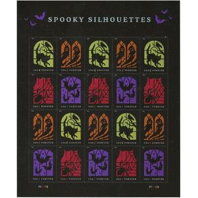 USPS Spooky Silhouettes (Sheet of 20) Halloween with Iridescent Rainbow Foil Effect (Cat and Raven, Ghosts, Spider and Web, Bats) First-Class Mail Forever Postage Stamps 2019 Scott #5420-5423