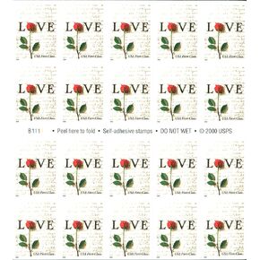 Red Rose and Love Letters Pane of Twenty 34 Cent Postage Stamps Great For Weddings Scott 3496 By USPS