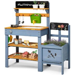 Mud Kitchen with Planter Box, Outdoor Play Pretend Kitchen with Stoves, Removable Sink, Faucet, Blackboard, Cooking Accessories & Gardening Tools Set, Wooden Kids Kitchen for Boys Girls 3-8