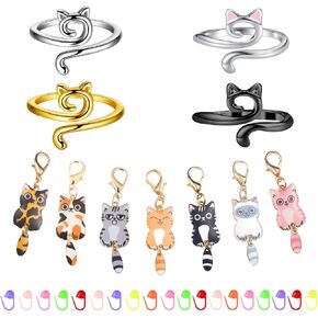 4PCS Adorable Crochet Rings with 7PCS Cat Stitch Markers and 20PCS Stitch Needle Clip Counter,Adjustable Tension Rings for Finger Accessories and Gadgets,Ideal Yarn Guide Ring Knitting Tools for Women