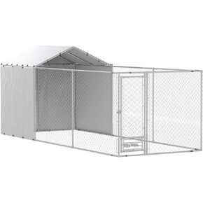 PawHut Large Outdoor Dog Kennel, Heavy Duty Dog Kennel Outside with Waterproof & UV-Resistant Cover, Rotating Bowls Door, Galvanized Chain Link Dog Run for Medium & Large Dogs, 19.7' x 7.5' x 7.5'
