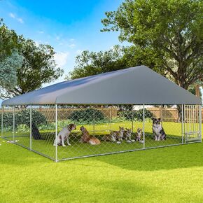 Erinnyees 15'x15' Outdoor Dog Kennel with Roof, Dog Kennel Outside with Rotated Dog Bowls, Large Dog House Pen Enclosure with Secure Lock, Wateproof Sunproof Cover