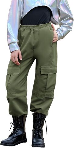 Perfashion Metallic Cargo Pants for Girls Hip Hop Dance Multi-Pocket Joggers High Waist Pants 6-15Y in Kuwait