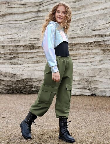 Perfashion Metallic Cargo Pants for Girls Hip Hop Dance Multi-Pocket Joggers High Waist Pants 6-15Y in Kuwait