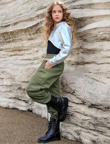 Perfashion Metallic Cargo Pants for Girls Hip Hop Dance Multi-Pocket Joggers High Waist Pants 6-15Y in Kuwait