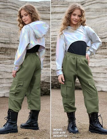 Perfashion Metallic Cargo Pants for Girls Hip Hop Dance Multi-Pocket Joggers High Waist Pants 6-15Y in Kuwait