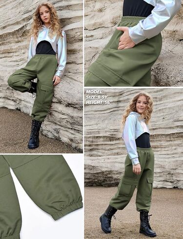 Perfashion Metallic Cargo Pants for Girls Hip Hop Dance Multi-Pocket Joggers High Waist Pants 6-15Y in Kuwait