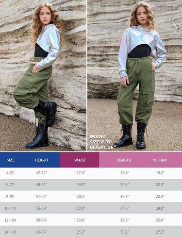Perfashion Metallic Cargo Pants for Girls Hip Hop Dance Multi-Pocket Joggers High Waist Pants 6-15Y in Kuwait