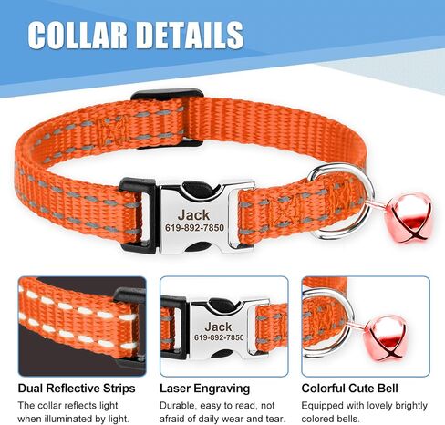 Personalized Engraved Cat Collar|Breakaway Safety Round Buckle|Reflective Adjustable Collar with ID Name Tag & Bell for Kittens & Puppies Cats,Red (7.5'' - 12'') in Saudi Arabia