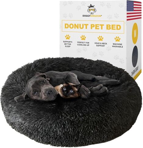 Calming Round Donut Dog Bed Pillow, Washable, Anti Anxiety, Anti-Slip, Cozy Soft Cuddler Comfort Bed with Fluffy Plush Faux Fur for Large Medium Small Sized Dog - Dark Gray, M 31 inch in Kuwait