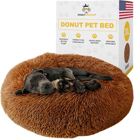 Calming Round Donut Dog Bed Pillow, Washable, Anti Anxiety, Anti-Slip, Cozy Soft Cuddler Comfort Bed with Fluffy Plush Faux Fur for Large Medium Small Sized Dog - Dark Gray, M 31 inch in Kuwait