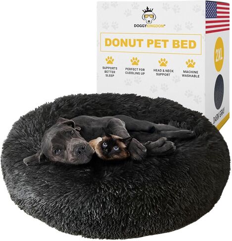 Calming Round Donut Dog Bed Pillow, Washable, Anti Anxiety, Anti-Slip, Cozy Soft Cuddler Comfort Bed with Fluffy Plush Faux Fur for Large Medium Small Sized Dog - Dark Gray, M 31 inch in Kuwait