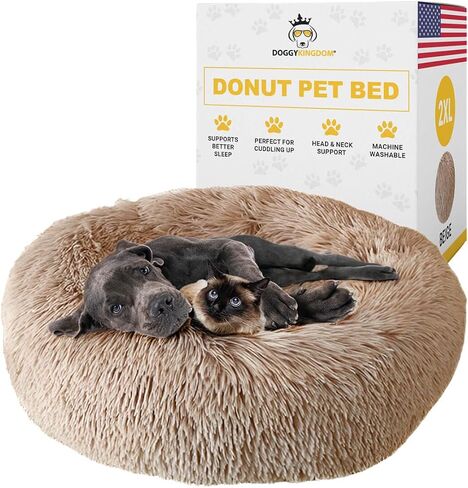 Calming Round Donut Dog Bed Pillow, Washable, Anti Anxiety, Anti-Slip, Cozy Soft Cuddler Comfort Bed with Fluffy Plush Faux Fur for Large Medium Small Sized Dog - Dark Gray, M 31 inch in Kuwait