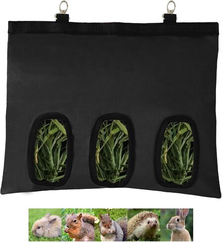 2Pcs Rabbit Hay Feeder Bag, Bunny Guinea Pig Hay Feeder Holder Bag for Rabbits, Hanging Hay Package with Back Hooks, Dispensers Small Animal Food Storage Supplies for Rabbits Bunny(Black, 3 Windows) in Saudi Arabia