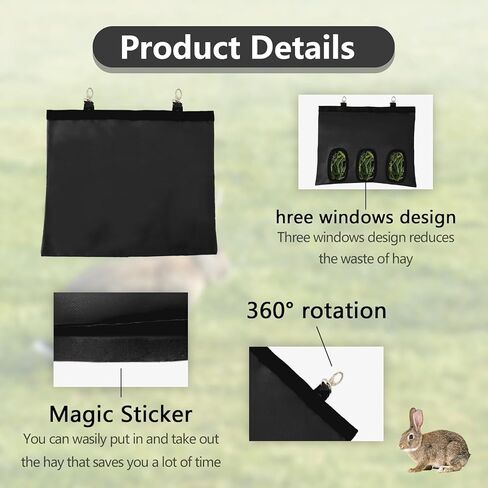 2Pcs Rabbit Hay Feeder Bag, Bunny Guinea Pig Hay Feeder Holder Bag for Rabbits, Hanging Hay Package with Back Hooks, Dispensers Small Animal Food Storage Supplies for Rabbits Bunny(Black, 3 Windows) in Saudi Arabia