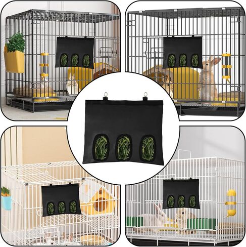 2Pcs Rabbit Hay Feeder Bag, Bunny Guinea Pig Hay Feeder Holder Bag for Rabbits, Hanging Hay Package with Back Hooks, Dispensers Small Animal Food Storage Supplies for Rabbits Bunny(Black, 3 Windows) in Saudi Arabia