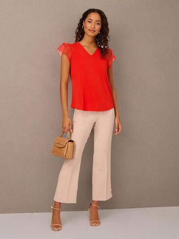 Adrianna Papell Women's V-Neck Knit Top with Organza Flutter Sleeves in Saudi Arabia