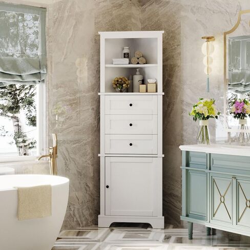 Triangle Tall Cabinet with 3 Drawers and Adjustable Shelves for Bathroom, Kitchen or Living Room, MDF Board with Painted Finish (White) in Kuwait