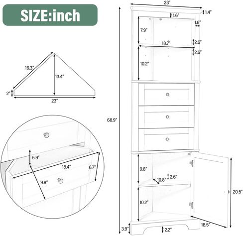 Triangle Tall Cabinet with 3 Drawers and Adjustable Shelves for Bathroom, Kitchen or Living Room, MDF Board with Painted Finish (White) in Kuwait