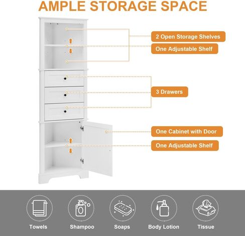 Triangle Tall Cabinet with 3 Drawers and Adjustable Shelves for Bathroom, Kitchen or Living Room, MDF Board with Painted Finish (White) in Kuwait