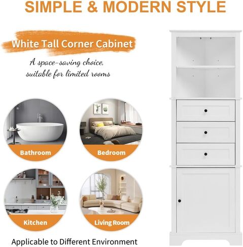 Triangle Tall Cabinet with 3 Drawers and Adjustable Shelves for Bathroom, Kitchen or Living Room, MDF Board with Painted Finish (White) in Kuwait