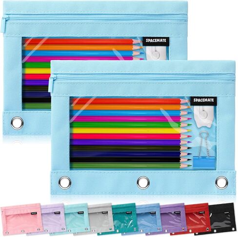 2 Pack Binder Pencil Pouch Case Box Bag for 3 Ring Binder School Supplies Girls Boys Kids, Clear Preppy Stuff Large Aesthetic Pen Organizer, Back to College Stationary, Sky Blue in Saudi Arabia