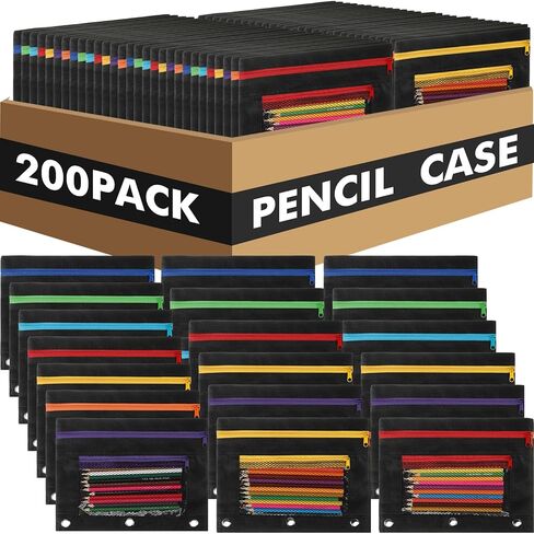 Zhehao 200 PCS Pencil Pouches for 3 Ring Binder ، Slk Zipper Pencil Pouch Case with Mesh Window Cloth Double Pocket 3 Hole Bag لتخزين لوازم المكاتب المدرسية in Saudi Arabia