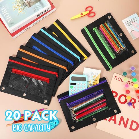 Zhehao 200 PCS Pencil Pouches for 3 Ring Binder ، Slk Zipper Pencil Pouch Case with Mesh Window Cloth Double Pocket 3 Hole Bag لتخزين لوازم المكاتب المدرسية in Saudi Arabia