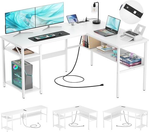 مكتب كمبيوتر على شكل L قابل للعكس مع منافذ الطاقة ومنافذ شحن USB ، مكتب زاوية قوي مع رف التخزين ، طاولة ألعاب العمل الحديثة للمكتب المنزلي ، سهلة التجميع ، الأسود in Kuwait