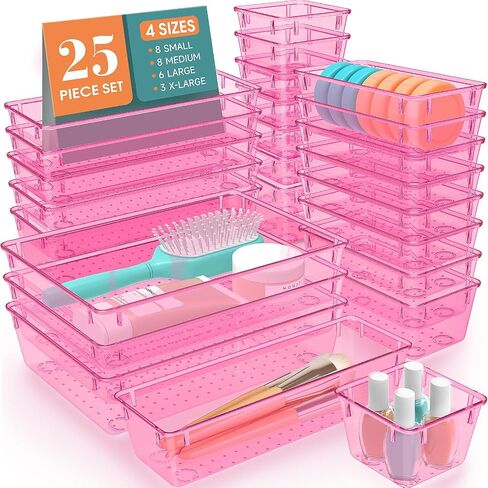 25 PCS Plastic Drawer Organizer Set, 4-Size Versatile Organizer Trays & storage Bins for Makeup, Jewelry, and Gadgets in Bathroom, Bedroom and Office, Clear Pink in Saudi Arabia