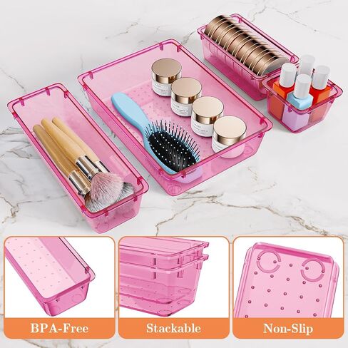 25 PCS Plastic Drawer Organizer Set, 4-Size Versatile Organizer Trays & storage Bins for Makeup, Jewelry, and Gadgets in Bathroom, Bedroom and Office, Clear Pink in Saudi Arabia