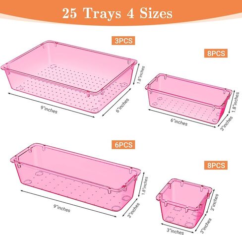 25 PCS Plastic Drawer Organizer Set, 4-Size Versatile Organizer Trays & storage Bins for Makeup, Jewelry, and Gadgets in Bathroom, Bedroom and Office, Clear Pink in Saudi Arabia