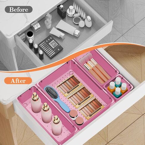 25 PCS Plastic Drawer Organizer Set, 4-Size Versatile Organizer Trays & storage Bins for Makeup, Jewelry, and Gadgets in Bathroom, Bedroom and Office, Clear Pink in Saudi Arabia