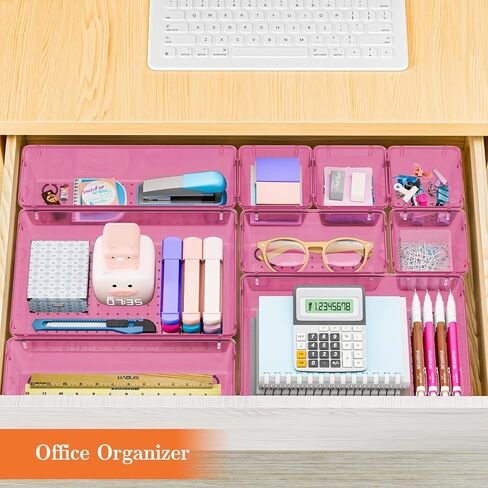 25 PCS Plastic Drawer Organizer Set, 4-Size Versatile Organizer Trays & storage Bins for Makeup, Jewelry, and Gadgets in Bathroom, Bedroom and Office, Clear Pink in Saudi Arabia