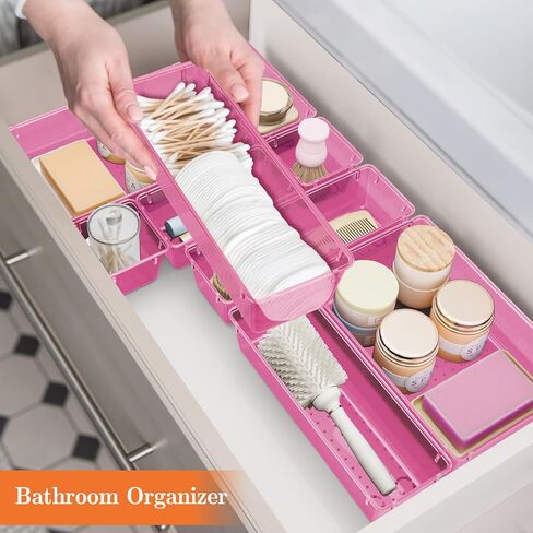 25 PCS Plastic Drawer Organizer Set, 4-Size Versatile Organizer Trays & storage Bins for Makeup, Jewelry, and Gadgets in Bathroom, Bedroom and Office, Clear Pink in Saudi Arabia