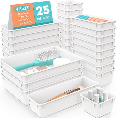 25 PCS Plastic Drawer Organizer Set, 4-Size Versatile Organizer Trays & storage Bins for Makeup, Jewelry, and Gadgets in Bathroom, Bedroom and Office, Clear Pink in Saudi Arabia