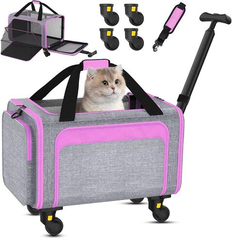 3-in-1 Upgraded Cat Carrier with Wheels, Airline Approved Pet Carrier for Small Cats Up to 15Lbs, 18" x 11" x 11" Newly Designed Rolling Cat Carrier, Cat Soft-Sided Bag for Flying, Travel & Vet in Saudi Arabia