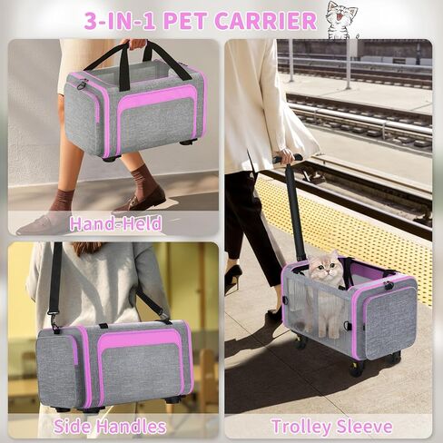 3-in-1 Upgraded Cat Carrier with Wheels, Airline Approved Pet Carrier for Small Cats Up to 15Lbs, 18" x 11" x 11" Newly Designed Rolling Cat Carrier, Cat Soft-Sided Bag for Flying, Travel & Vet in Saudi Arabia