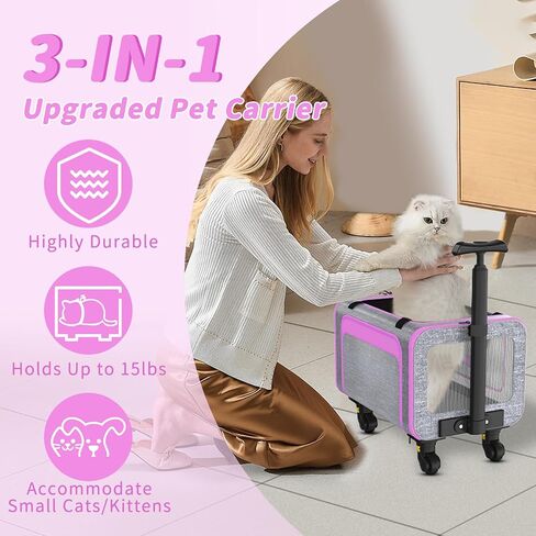 3-in-1 Upgraded Cat Carrier with Wheels, Airline Approved Pet Carrier for Small Cats Up to 15Lbs, 18" x 11" x 11" Newly Designed Rolling Cat Carrier, Cat Soft-Sided Bag for Flying, Travel & Vet in Saudi Arabia