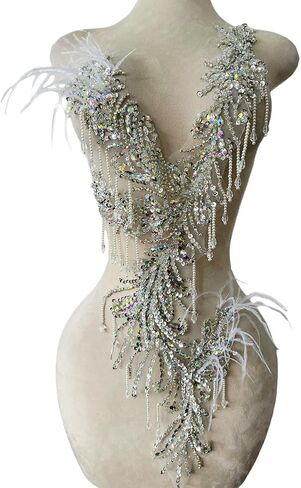 Pure Handmade Rhinestones Beads Applique sew on Crystal Sequins lace Trim Patches Ostrich Feather Accessories for Dress Clothing Shiny Bead Decorative Material 15X9X30inches (Gold) in Kuwait