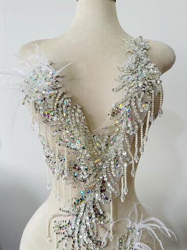 Pure Handmade Rhinestones Beads Applique sew on Crystal Sequins lace Trim Patches Ostrich Feather Accessories for Dress Clothing Shiny Bead Decorative Material 15X9X30inches (Gold) in Kuwait