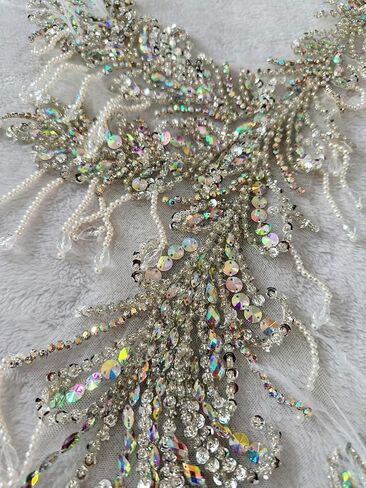 Pure Handmade Rhinestones Beads Applique sew on Crystal Sequins lace Trim Patches Ostrich Feather Accessories for Dress Clothing Shiny Bead Decorative Material 15X9X30inches (Gold) in Kuwait
