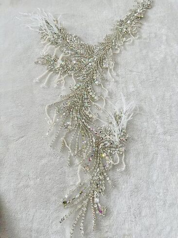 Pure Handmade Rhinestones Beads Applique sew on Crystal Sequins lace Trim Patches Ostrich Feather Accessories for Dress Clothing Shiny Bead Decorative Material 15X9X30inches (Gold) in Kuwait
