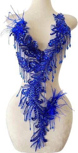 Pure Handmade Rhinestones Beads Applique sew on Crystal Sequins lace Trim Patches Ostrich Feather Accessories for Dress Clothing Shiny Bead Decorative Material 15X9X30inches (Gold) in Kuwait