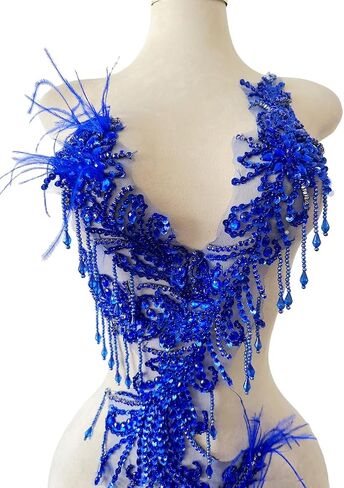 Pure Handmade Rhinestones Beads Applique sew on Crystal Sequins lace Trim Patches Ostrich Feather Accessories for Dress Clothing Shiny Bead Decorative Material 15X9X30inches (Gold) in Kuwait