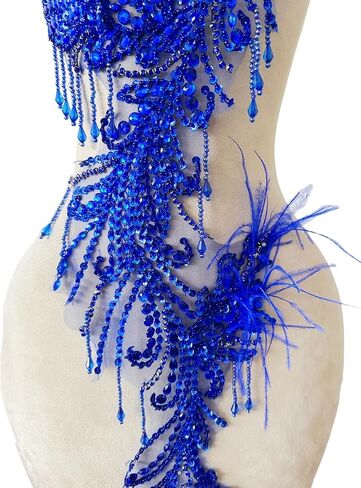 Pure Handmade Rhinestones Beads Applique sew on Crystal Sequins lace Trim Patches Ostrich Feather Accessories for Dress Clothing Shiny Bead Decorative Material 15X9X30inches (Gold) in Kuwait